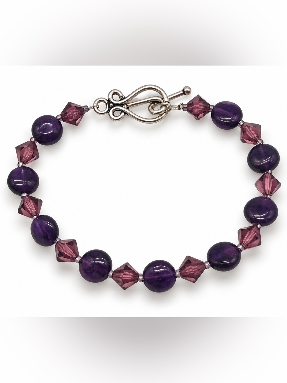 Vintage Purple Amethyst Glass Bead Silver Tone Bracelet